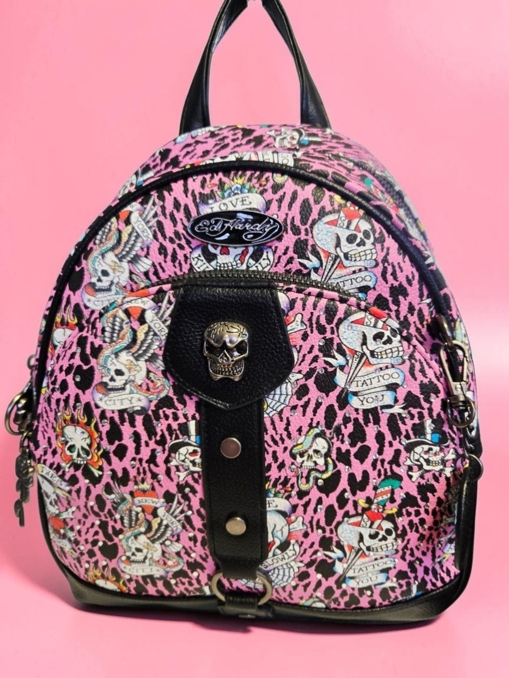 NEW Ed Hardy Pink Animal Leopard Print Skull Tattoo Backpack Purse 11"x9"x4" NWT